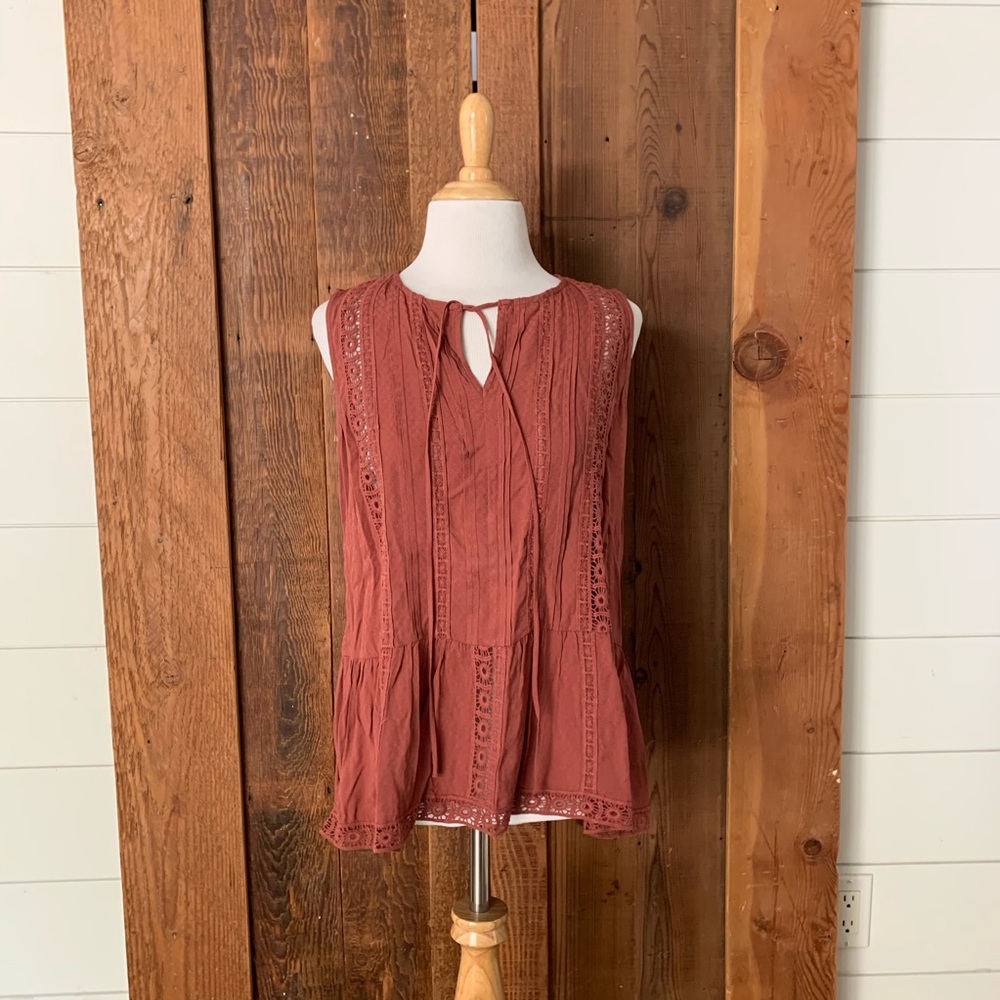 Ro&De Rust Ruffle Hem Peasant Tie Neck Lace Blouse